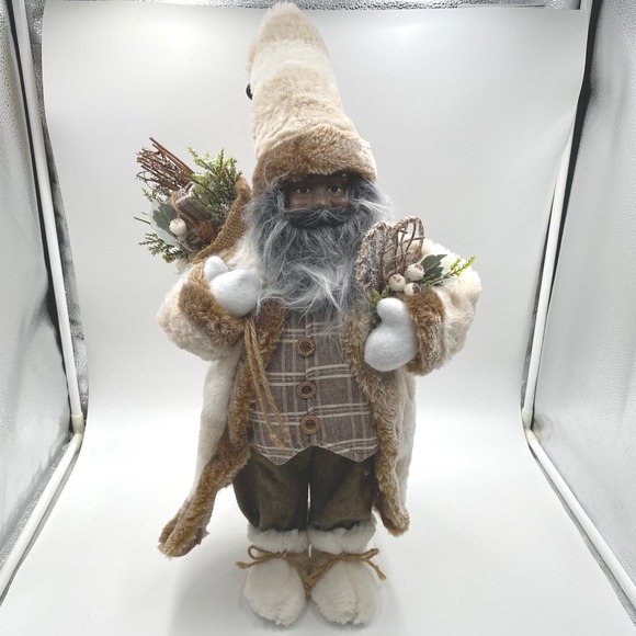 Rustic African American Santa Claus 25" Brown Cream Faux Fur Hat Coat Christmas - Picture 1 of 7
